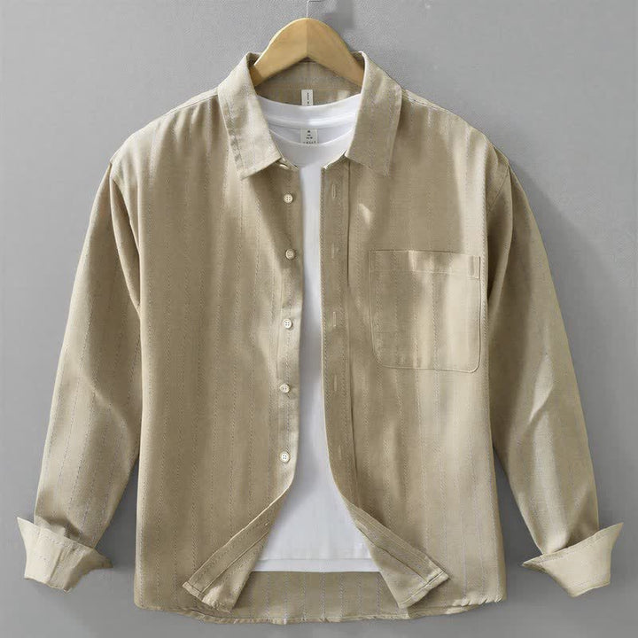 Buddha Stones Camisa de manga larga de algodón a rayas para hombre, estilo casual vintage de otoño, con botones y bolsillo. - Beige - US/UK/AU42, EU52 (3XL) - image 9