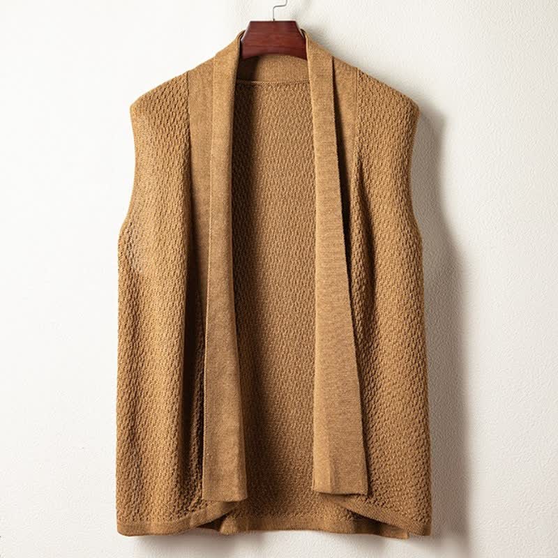 Buddha Stones Kimono de hombre estilo casual de otoño con abertura lateral y camiseta sin mangas de punto liso. - Broncearse - US/UK/AU42, EU52 (3XL) - image 0