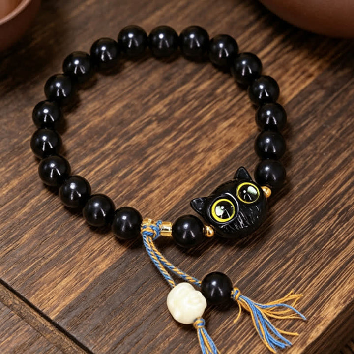 Buddha Stones Pulsera redonda trenzada con dije de gato de madera de ébano - Madera de ébano (Equilibrio ♥ Calma) - image 0