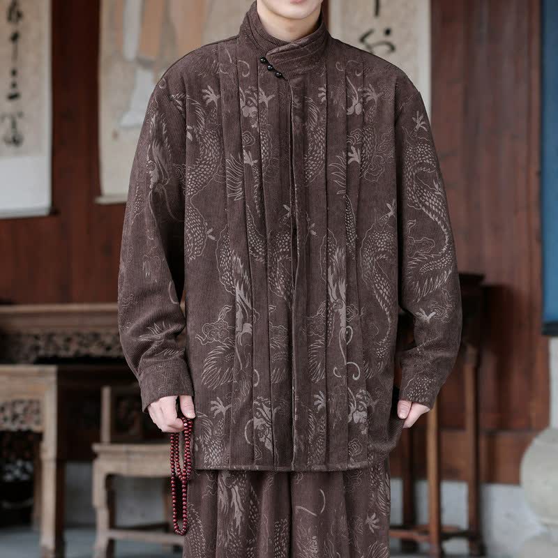 Buddha Stones Chaquetas de hombre de pana con cuello mandarín, estilo casual de otoño/invierno, con estampado abstracto. - Marrón silla de montar - US/UK/AU46, EU56 (5XL) - image 0