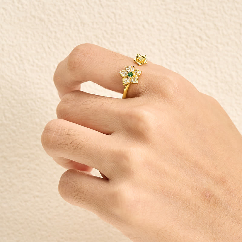 Buddha Stones Anillo de conexión armónica de cobre con dos flores en flor - image 4