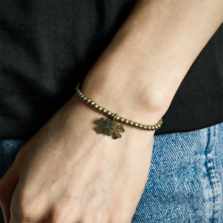 Buddha Stones Pulsera de la suerte con dije de trébol de cuatro hojas y cuentas de cobre - image 3
