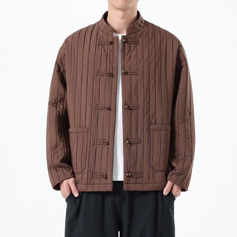 Buddha Stones Chaquetas de hombre de estilo casual Tang con botones de rana y bolsillos, ideales para otoño e invierno. - Marrón silla de montar - US/UK/AU46, EU56 (5XL) - image 0
