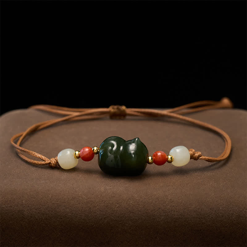 Buddha Stones Pulsera de la abundancia tejida a mano con diseño de gato de jade Hetian natural - image 2