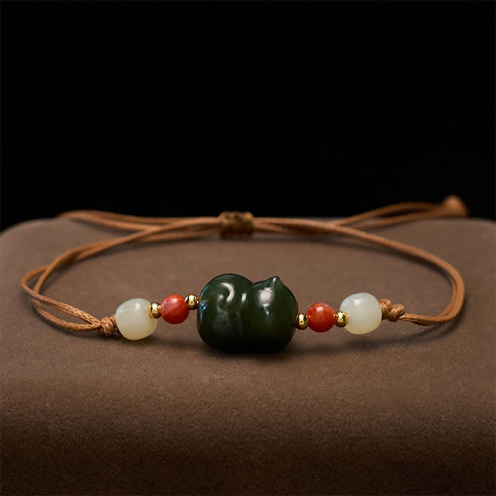 Buddha Stones Pulsera de la abundancia tejida a mano con diseño de gato de jade Hetian natural - image 2