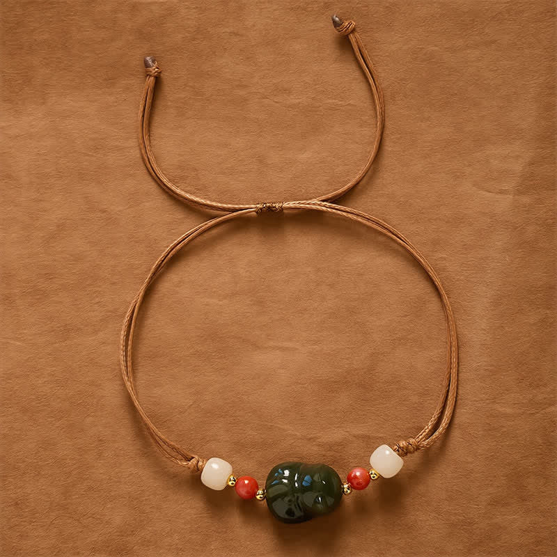 Buddha Stones Pulsera de la abundancia tejida a mano con diseño de gato de jade Hetian natural - image 1