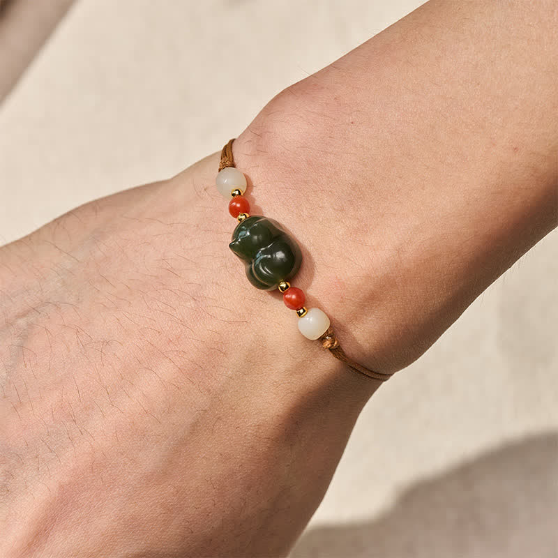 Buddha Stones Pulsera de la abundancia tejida a mano con diseño de gato de jade Hetian natural - image 4