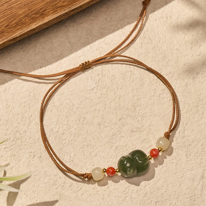 Buddha Stones Pulsera de la abundancia tejida a mano con diseño de gato de jade Hetian natural - Jade (Suerte ♥ Armonía) - image 0