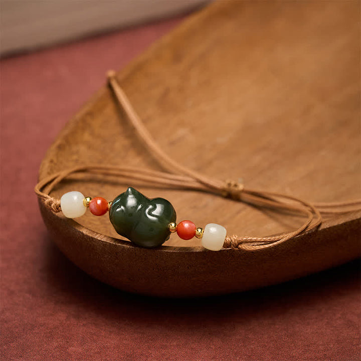 Buddha Stones Pulsera de la abundancia tejida a mano con diseño de gato de jade Hetian natural - image 3