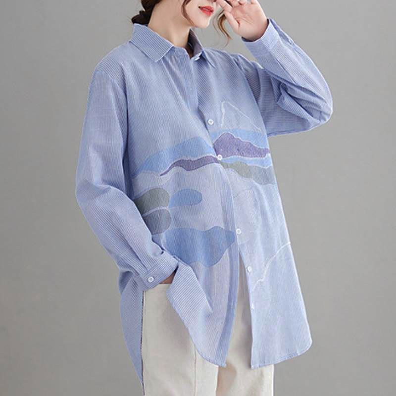 Buddha Stones Camisas de manga larga para mujer, estilo casual vintage, con botones y estampado abstracto de nubes, ideales para primavera y otoño. - image 1