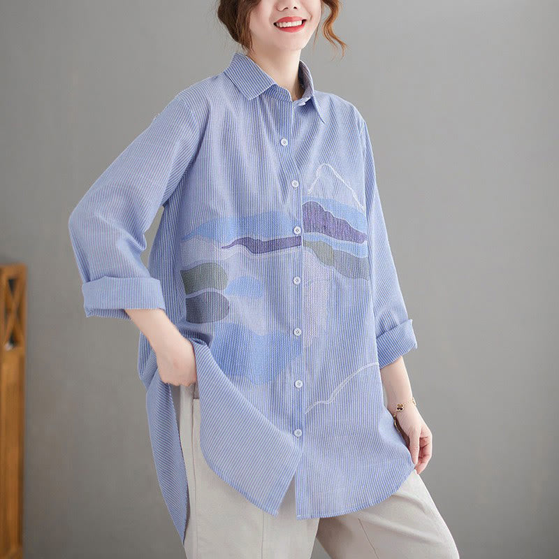 Buddha Stones Camisas de manga larga para mujer, estilo casual vintage, con botones y estampado abstracto de nubes, ideales para primavera y otoño. - Azul claro - US14, UK/AU18, EU46 (4XL) - image 0