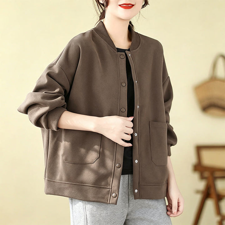 Buddha Stones Chaqueta minimalista de otoño para mujer, con botones y bolsillos. - Marrón silla de montar - US12, UK/AU16, EU44 (XL) - image 0