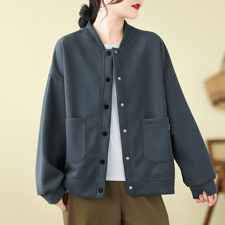 Buddha Stones Chaqueta minimalista de otoño para mujer, con botones y bolsillos. - Gris pizarra - US12, UK/AU16, EU44 (XL) - image 13