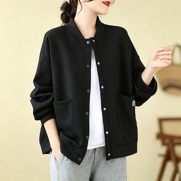 Buddha Stones Chaqueta minimalista de otoño para mujer, con botones y bolsillos. - Negro - US12, UK/AU16, EU44 (XL) - image 18