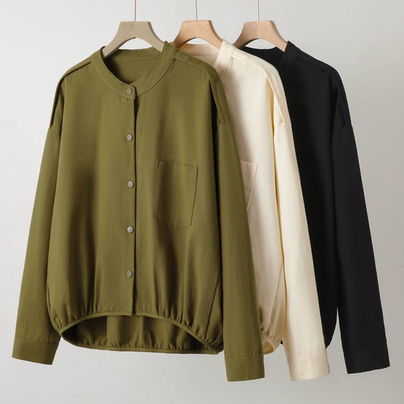 Buddha Stones Chaqueta de mujer de estilo casual otoñal con cuello mandarín y bolsillo de parche. - image 26