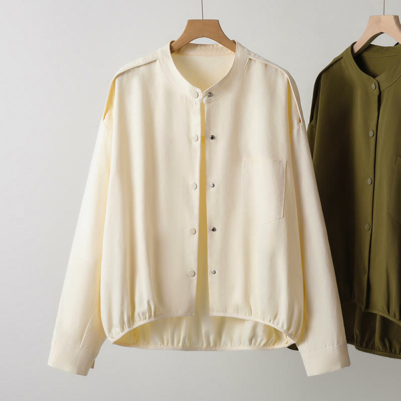 Buddha Stones Chaqueta de mujer de estilo casual otoñal con cuello mandarín y bolsillo de parche. - image 11