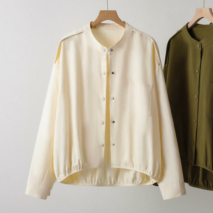 Buddha Stones Chaqueta de mujer de estilo casual otoñal con cuello mandarín y bolsillo de parche. - image 11