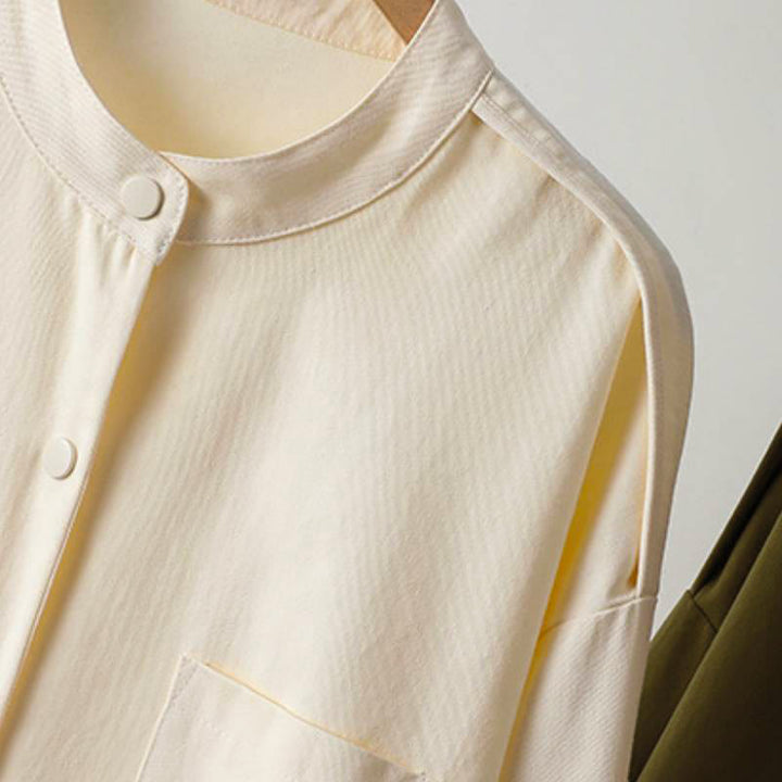 Buddha Stones Chaqueta de mujer de estilo casual otoñal con cuello mandarín y bolsillo de parche. - image 17