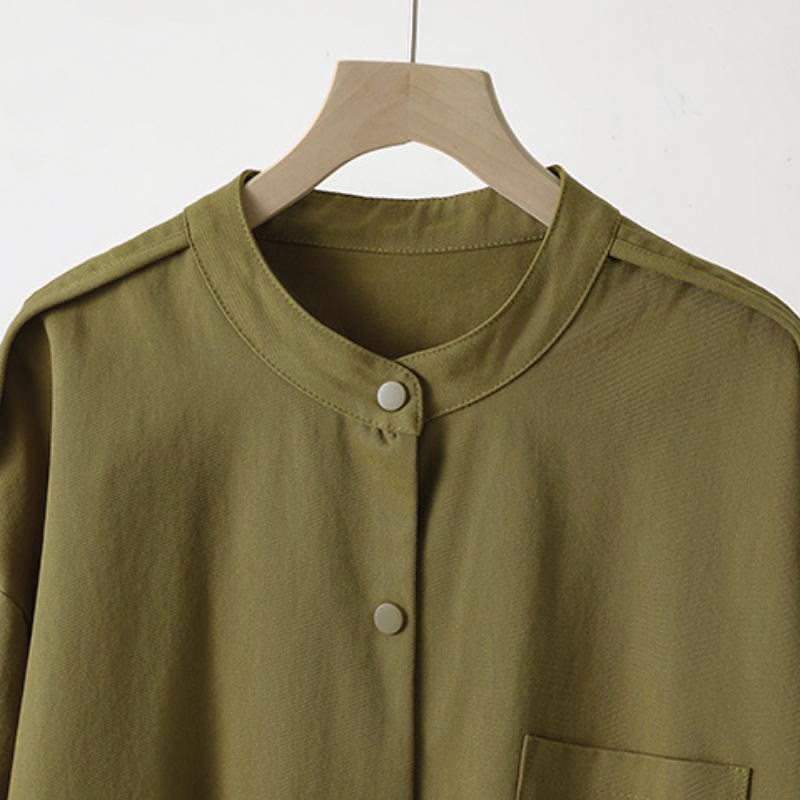 Buddha Stones Chaqueta de mujer de estilo casual otoñal con cuello mandarín y bolsillo de parche. - image 2