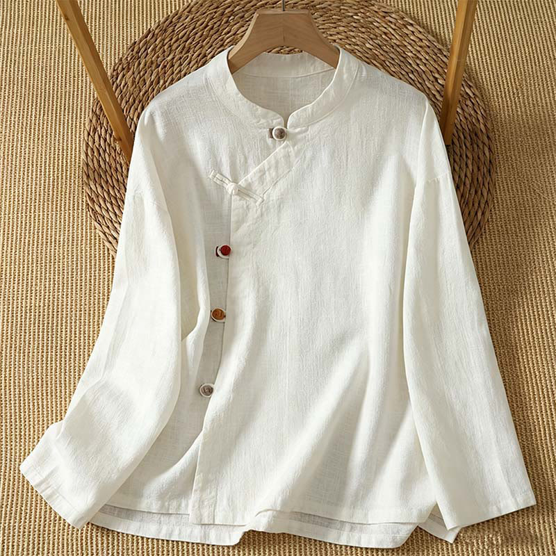 Buddha Stones Camisas de manga larga para mujer de estilo vintage Tang con botones de rana, ideales para primavera y otoño. - Blanco - US8-10, UK/AU12-14, EU40-42 (2XL) - image 0