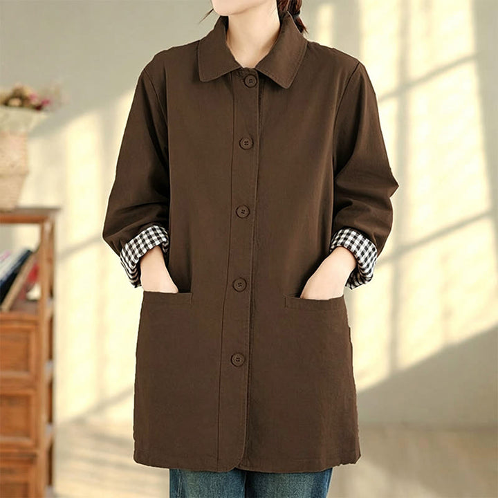 Buddha Stones Chaqueta de mujer sencilla de estilo vintage con estampado a cuadros y bolsillos, ideal para otoño. - image 17
