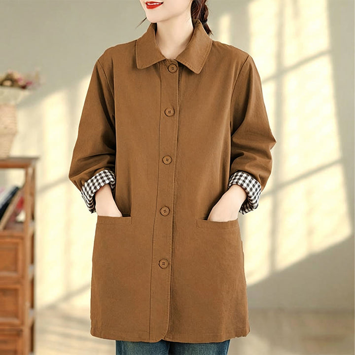 Buddha Stones Chaqueta de mujer sencilla de estilo vintage con estampado a cuadros y bolsillos, ideal para otoño. - image 21