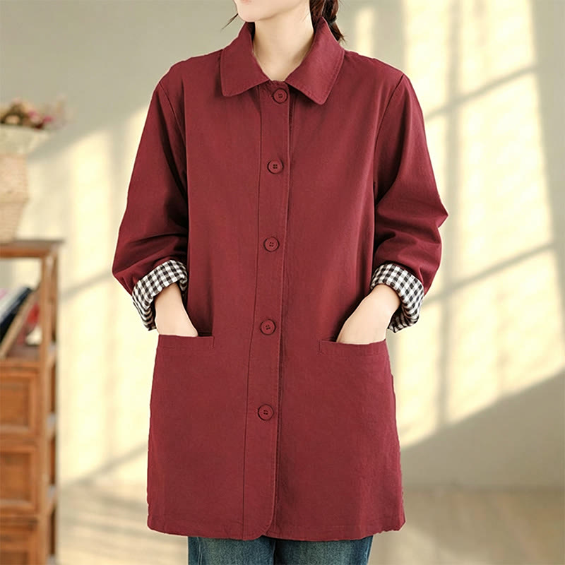 Buddha Stones Chaqueta de mujer sencilla de estilo vintage con estampado a cuadros y bolsillos, ideal para otoño. - image 13