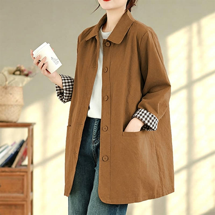 Buddha Stones Chaqueta de mujer sencilla de estilo vintage con estampado a cuadros y bolsillos, ideal para otoño. - image 20