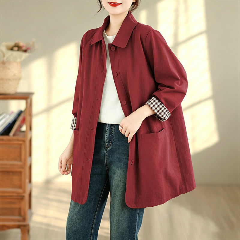 Buddha Stones Chaqueta de mujer sencilla de estilo vintage con estampado a cuadros y bolsillos, ideal para otoño. - image 12