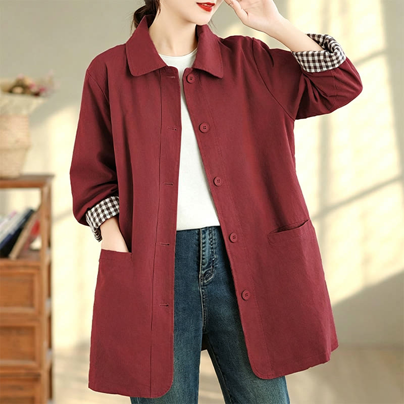 Buddha Stones Chaqueta de mujer sencilla de estilo vintage con estampado a cuadros y bolsillos, ideal para otoño. - image 10