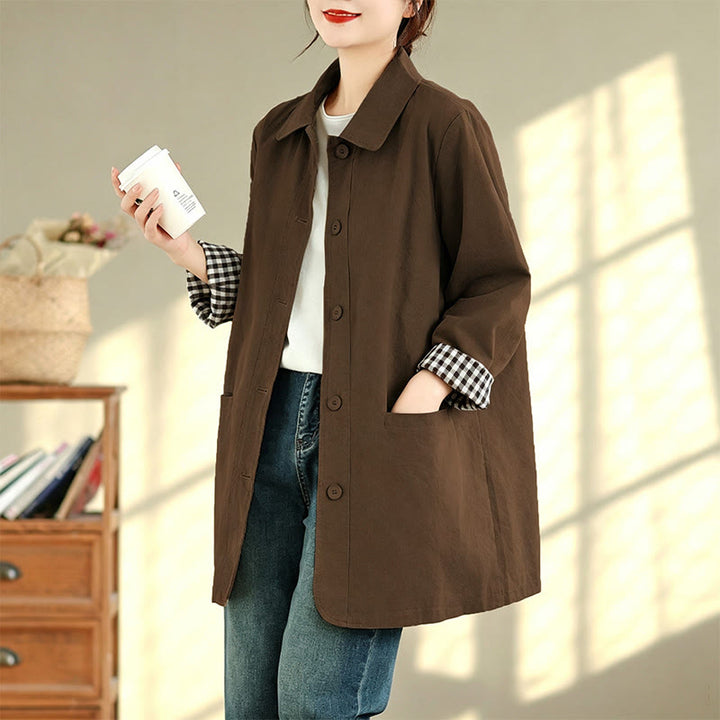 Buddha Stones Chaqueta de mujer sencilla de estilo vintage con estampado a cuadros y bolsillos, ideal para otoño. - image 15