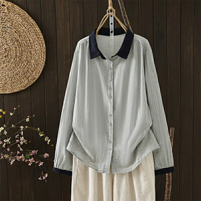 Buddha Stones Camisa de manga larga para mujer, estilo casual vintage, con botones y cuello en contraste, ideal para primavera. - Plata - US12, UK/AU16, EU44 (3XL) - image 10