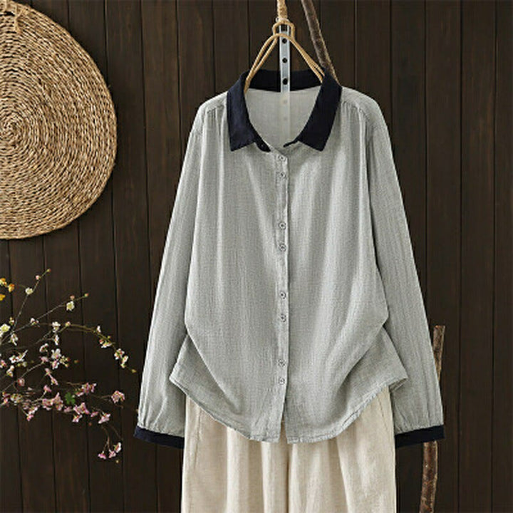 Buddha Stones Camisa de manga larga para mujer, estilo casual vintage, con botones y cuello en contraste, ideal para primavera. - Plata - US12, UK/AU16, EU44 (3XL) - image 10