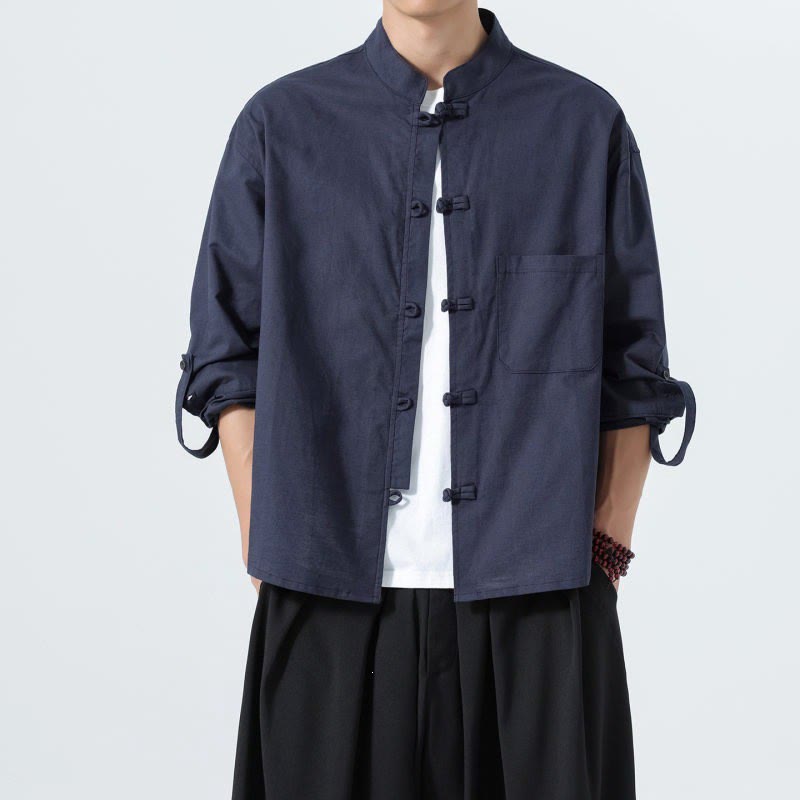 Buddha Stones Camisas de manga larga para hombre de estilo Tang minimalista con cuello mandarín y botones de rana, ideales para primavera y otoño. - Marina de guerra - US/UK/AU46, EU56 (5XL) - image 0