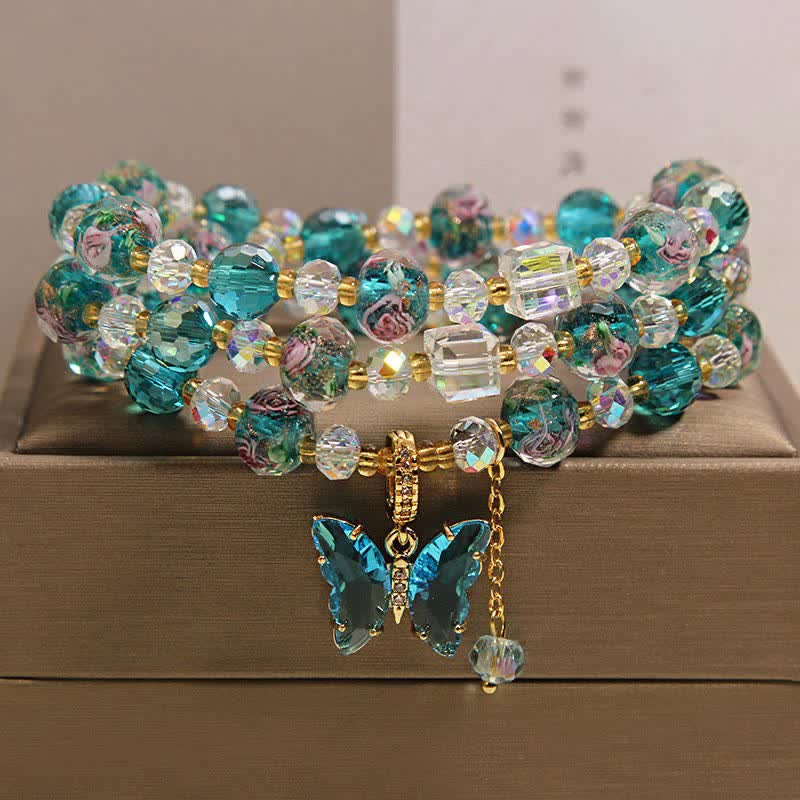 Buddha Stones Pulsera de triple vuelta con transformación de mariposa y cuentas de vidrio Liuli - Mariposa (Transformación ♥ Amor) - image 0