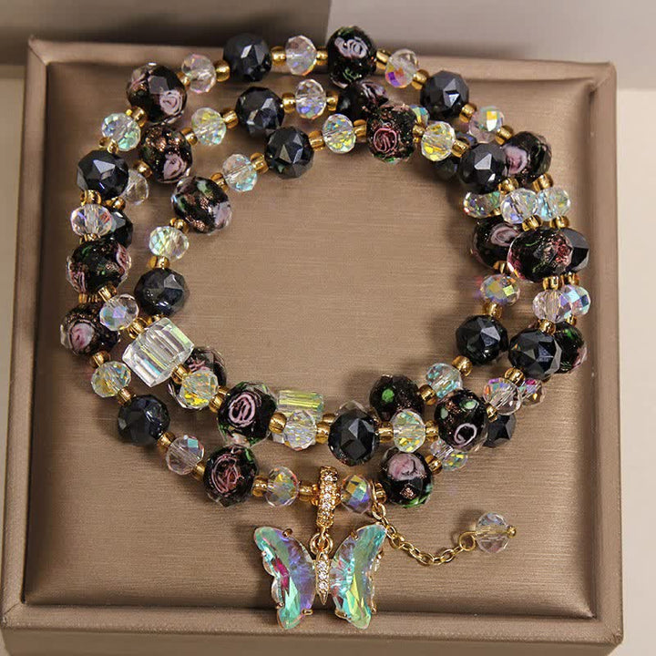 Buddha Stones Pulsera de triple envoltura con dije de mariposa rosa y cuentas de vidrio Black Liuli - image 1