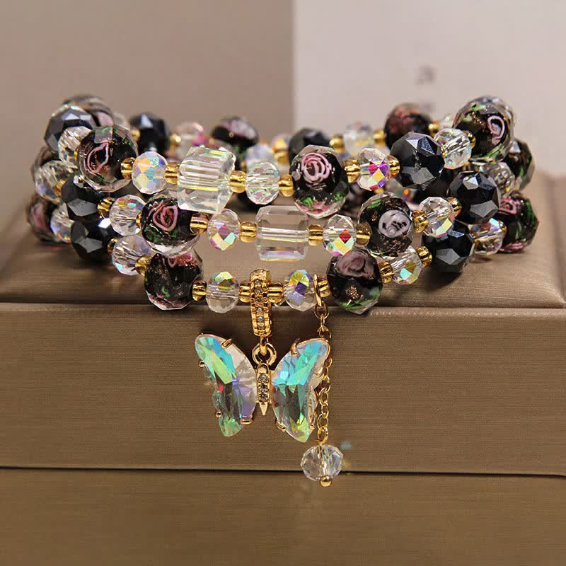 Buddha Stones Pulsera de triple envoltura con dije de mariposa rosa y cuentas de vidrio Black Liuli - image 8