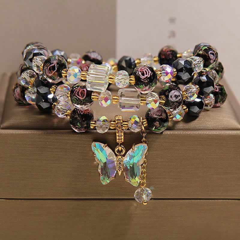Buddha Stones Pulsera de triple envoltura con dije de mariposa rosa y cuentas de vidrio Black Liuli - image 7