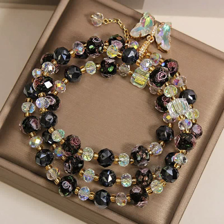 Buddha Stones Pulsera de triple envoltura con dije de mariposa rosa y cuentas de vidrio Black Liuli - image 2