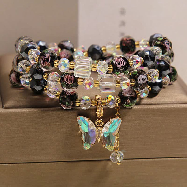 Buddha Stones Pulsera de triple envoltura con dije de mariposa rosa y cuentas de vidrio Black Liuli - Mariposa (Transformación ♥ Amor) - image 0