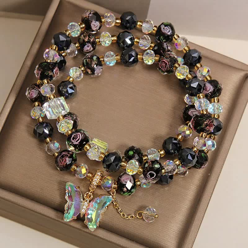 Buddha Stones Pulsera de triple envoltura con dije de mariposa rosa y cuentas de vidrio Black Liuli - image 3