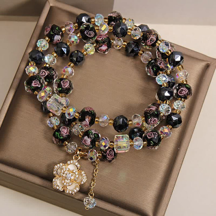 Buddha Stones Pulsera negra Liu Li con dije de flor de camelia y cuentas de vidrio, conexión armónica - image 3