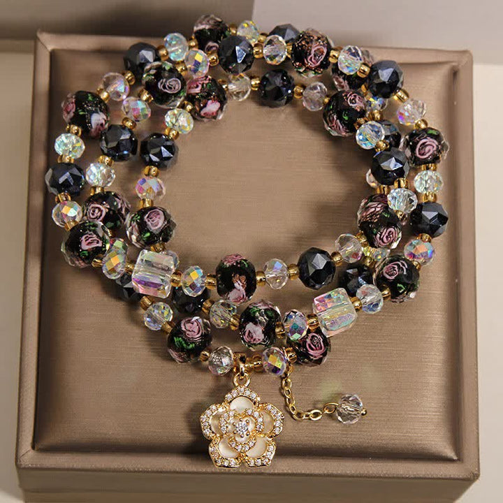 Buddha Stones Pulsera negra Liu Li con dije de flor de camelia y cuentas de vidrio, conexión armónica - image 1