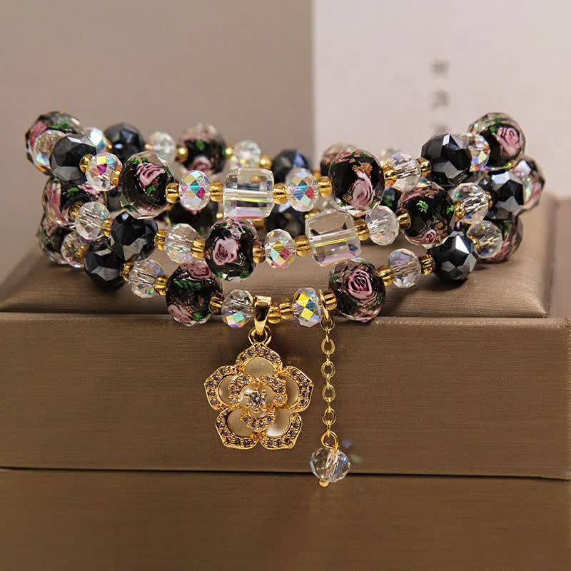 Buddha Stones Pulsera negra Liu Li con dije de flor de camelia y cuentas de vidrio, conexión armónica - image 7