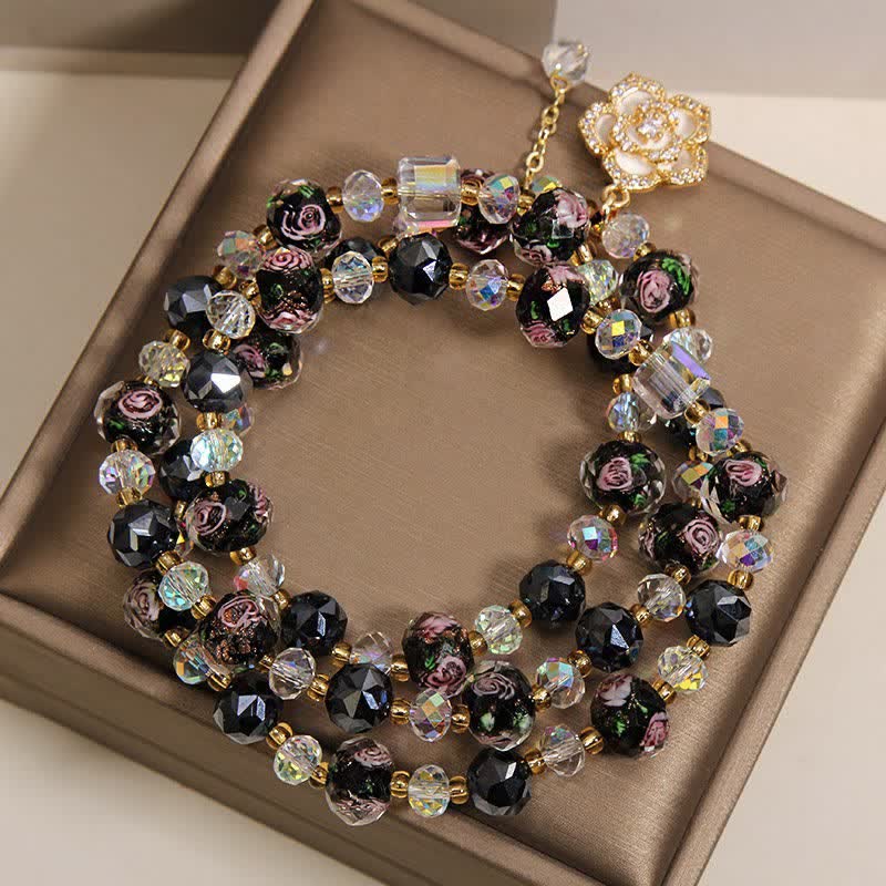 Buddha Stones Pulsera negra Liu Li con dije de flor de camelia y cuentas de vidrio, conexión armónica - image 2