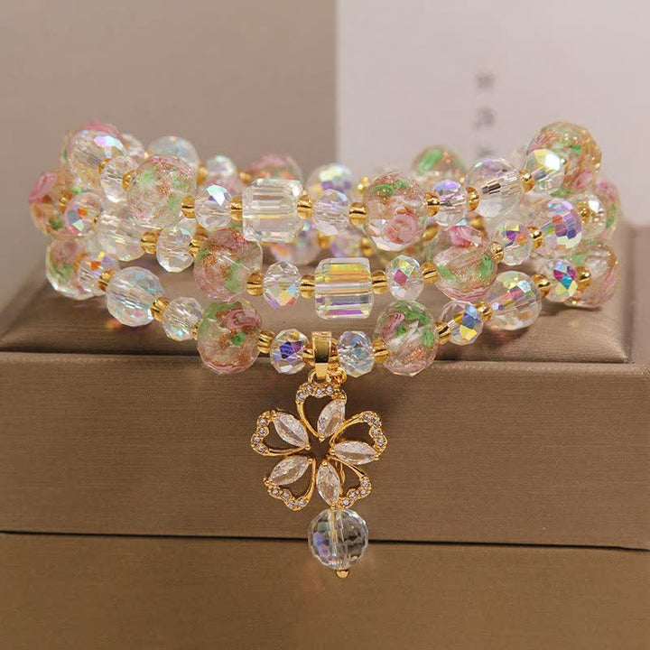 Buddha Stones Pulsera con dije floral triple de jardín de rosas y cuentas de vidrio Liuli blancas - image 8