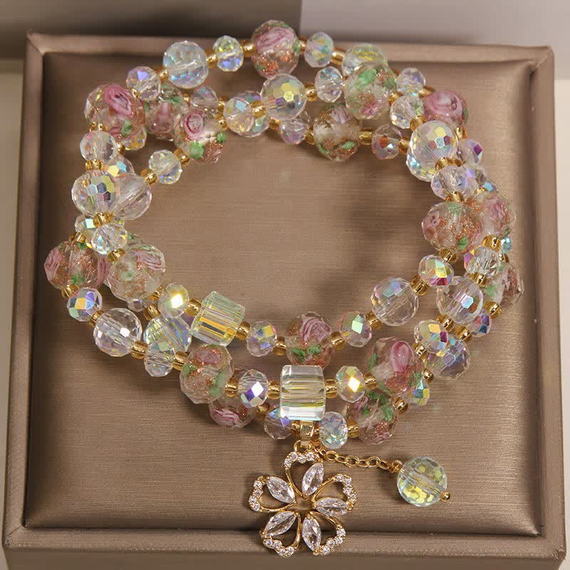 Buddha Stones Pulsera con dije floral triple de jardín de rosas y cuentas de vidrio Liuli blancas - image 1