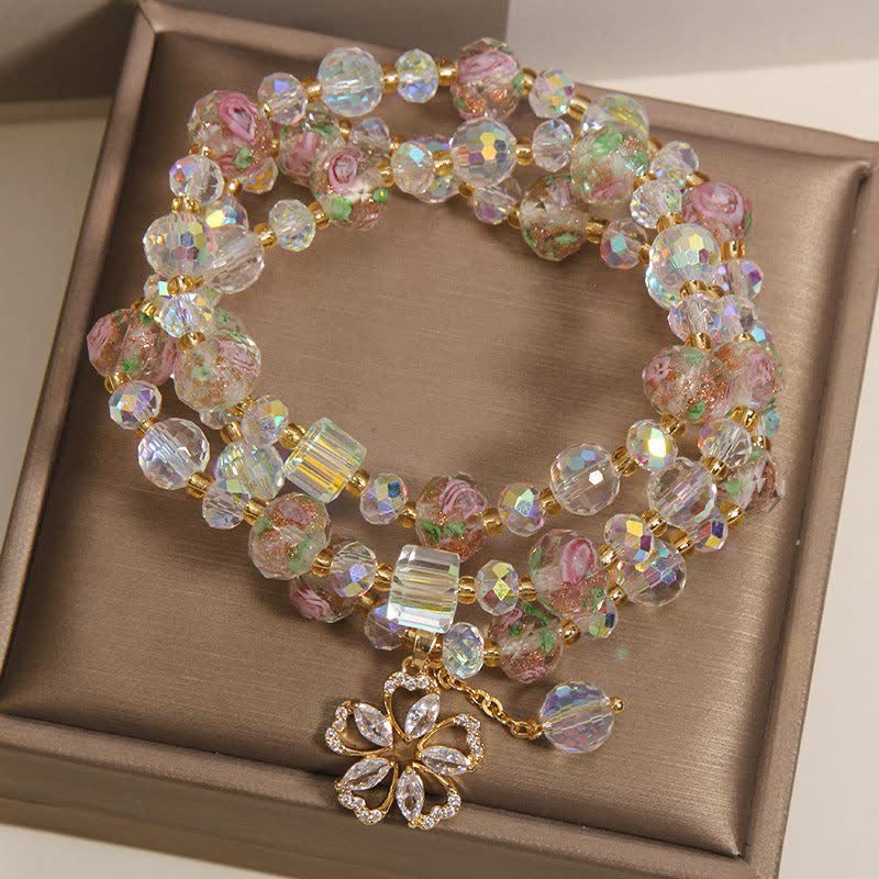 Buddha Stones Pulsera con dije floral triple de jardín de rosas y cuentas de vidrio Liuli blancas - image 3