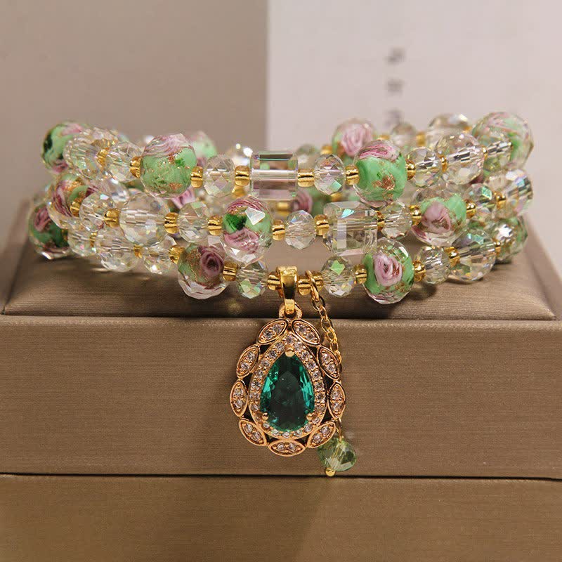 Buddha Stones Pulsera Golden Liuli Glass Rose Garden Teardrop Energy Triple Wrap - Verde (Circunferencia de la muñeca: 5,9-6,3 pulgadas / 15-16 cm) - image 0