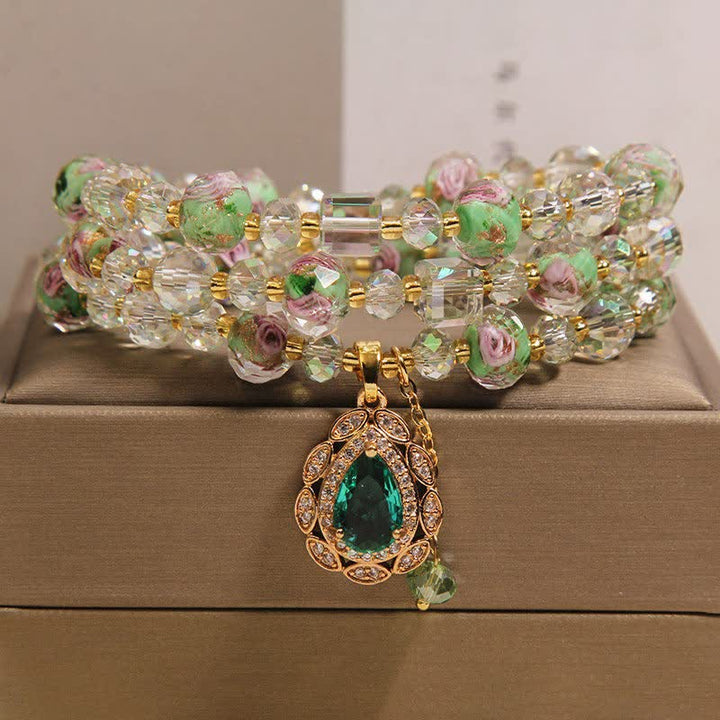 Buddha Stones Pulsera Golden Liuli Glass Rose Garden Teardrop Energy Triple Wrap - Verde (Circunferencia de la muñeca: 5,9-6,3 pulgadas / 15-16 cm) - image 0